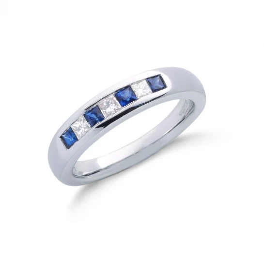 9ct White Gold Princess Cut 0.20ct Diamond &  0.35ct Blue Sapphire Eternity Ring
